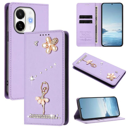 Ballet Girl Diamond Studded RFID Vegan Leather Phone Case, For Tecno Spark Go 1, For Tecno Camon 40 Pro, For Tecno Camon 40 Premier, For Tecno Camon 40, For Tecno Spark 30C 5G / Pop 9 5G, For Tecno Camon 30S / 30S Pro                                   ...