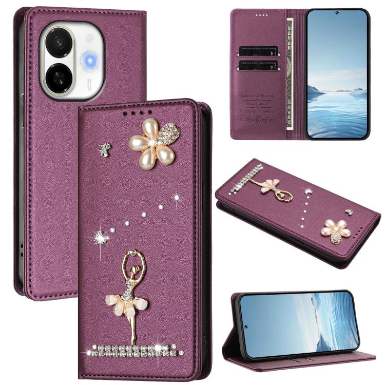 Ballet Girl Diamond Studded RFID Vegan Leather Phone Case, For Tecno Spark Go 1, For Tecno Camon 40 Pro, For Tecno Camon 40 Premier, For Tecno Camon 40, For Tecno Spark 30C 5G / Pop 9 5G, For Tecno Camon 30S / 30S Pro                                   ...