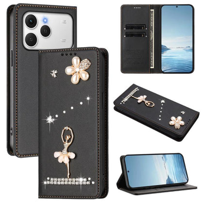 Ballet Girl Diamond Studded RFID Vegan Leather Phone Case, For Tecno Spark Go 3, For Tecno Pova Slim / Spark Slim, For Tecno Spark Go 2024 / Spark 20, For Tecno Spark 40C, For Tecno Pova 7 Pro 5G, For Tecno Pop 10, For Tecno Spark 40 Pro+ 4G           ...
