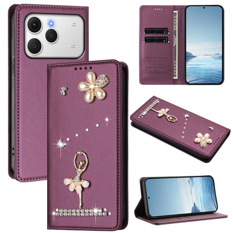 Ballet Girl Diamond Studded RFID Vegan Leather Phone Case, For Tecno Spark Go 3, For Tecno Pova Slim / Spark Slim, For Tecno Spark Go 2024 / Spark 20, For Tecno Spark 40C, For Tecno Pova 7 Pro 5G, For Tecno Pop 10, For Tecno Spark 40 Pro+ 4G           ...