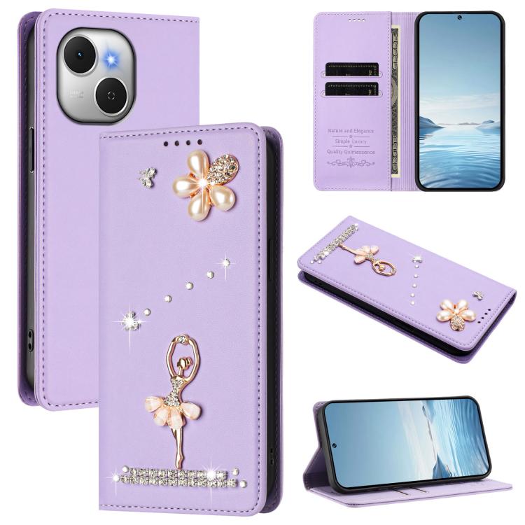 Ballet Girl Diamond Studded RFID Vegan Leather Phone Case, For Tecno Spark Go 3, For Tecno Pova Slim / Spark Slim, For Tecno Spark Go 2024 / Spark 20, For Tecno Spark 40C, For Tecno Pova 7 Pro 5G, For Tecno Pop 10, For Tecno Spark 40 Pro+ 4G           ...