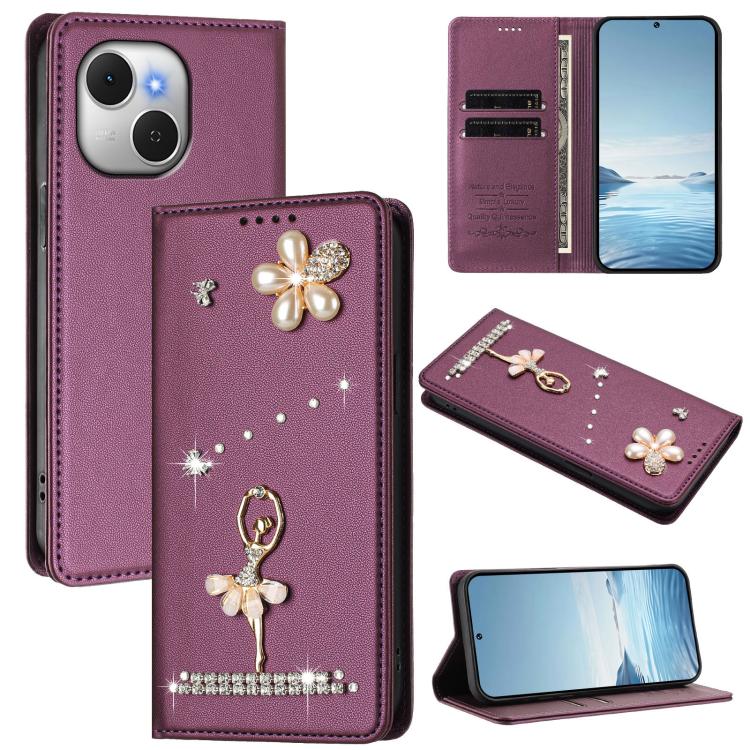 Ballet Girl Diamond Studded RFID Vegan Leather Phone Case, For Tecno Spark Go 3, For Tecno Pova Slim / Spark Slim, For Tecno Spark Go 2024 / Spark 20, For Tecno Spark 40C, For Tecno Pova 7 Pro 5G, For Tecno Pop 10, For Tecno Spark 40 Pro+ 4G           ...