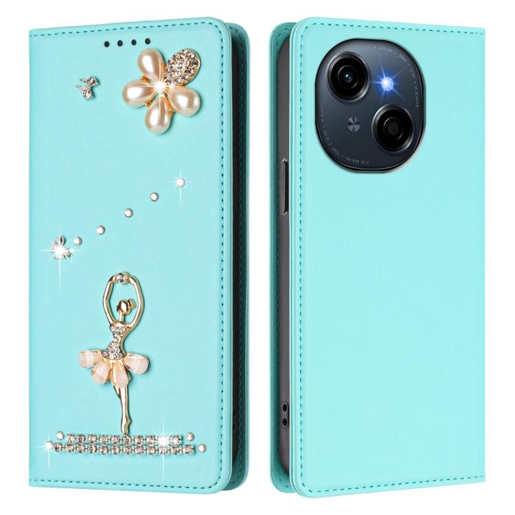 Ballet Girl Diamond Studded RFID Vegan Leather Phone Case, For Tecno Spark Go 1, For Tecno Camon 40 Pro, For Tecno Camon 40 Premier, For Tecno Camon 40, For Tecno Spark 30C 5G / Pop 9 5G, For Tecno Camon 30S / 30S Pro                                   ...