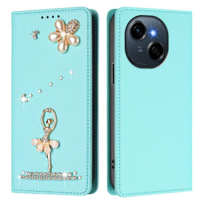 Ballet Girl Diamond Studded RFID Vegan Leather Phone Case, For Tecno Spark Go 1, For Tecno Camon 40 Pro, For Tecno Camon 40 Premier, For Tecno Camon 40, For Tecno Spark 30C 5G / Pop 9 5G, For Tecno Camon 30S / 30S Pro                                   ...