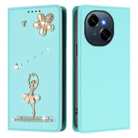 Ballet Girl Diamond Studded RFID Vegan Leather Phone Case, For Tecno Spark Go 1, For Tecno Camon 40 Pro, For Tecno Camon 40 Premier, For Tecno Camon 40, For Tecno Spark 30C 5G / Pop 9 5G, For Tecno Camon 30S / 30S Pro                                   ...