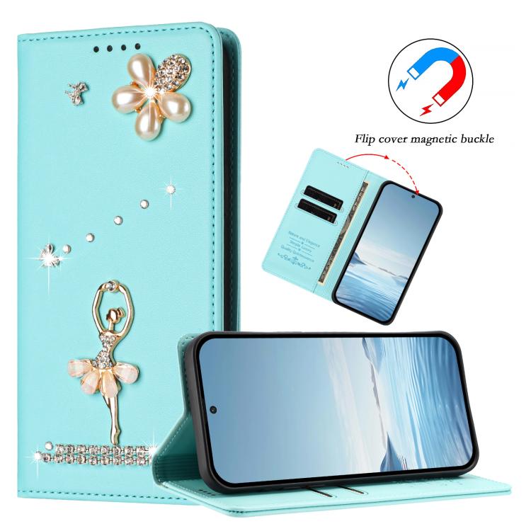Ballet Girl Diamond Studded RFID Vegan Leather Phone Case, For Tecno Spark Go 1, For Tecno Camon 40 Pro, For Tecno Camon 40 Premier, For Tecno Camon 40, For Tecno Spark 30C 5G / Pop 9 5G, For Tecno Camon 30S / 30S Pro                                   ...