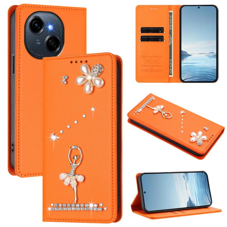 Ballet Girl Diamond Studded RFID Vegan Leather Phone Case, For Tecno Spark Go 1, For Tecno Camon 40 Pro, For Tecno Camon 40 Premier, For Tecno Camon 40, For Tecno Spark 30C 5G / Pop 9 5G, For Tecno Camon 30S / 30S Pro                                   ...