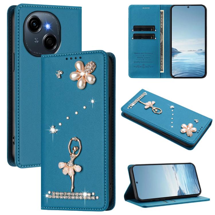 Ballet Girl Diamond Studded RFID Vegan Leather Phone Case, For Tecno Spark Go 1, For Tecno Camon 40 Pro, For Tecno Camon 40 Premier, For Tecno Camon 40, For Tecno Spark 30C 5G / Pop 9 5G, For Tecno Camon 30S / 30S Pro                                   ...