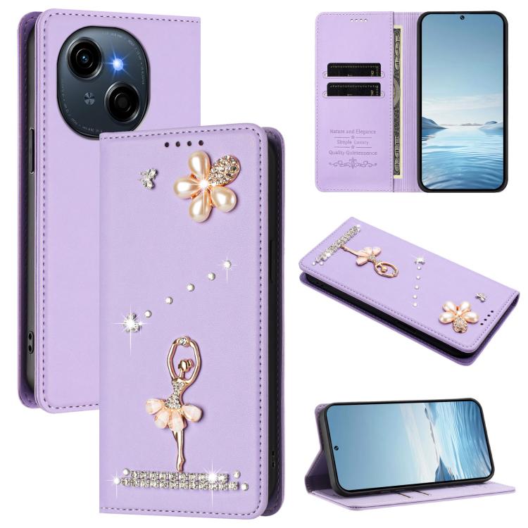 Ballet Girl Diamond Studded RFID Vegan Leather Phone Case, For Tecno Spark Go 1, For Tecno Camon 40 Pro, For Tecno Camon 40 Premier, For Tecno Camon 40, For Tecno Spark 30C 5G / Pop 9 5G, For Tecno Camon 30S / 30S Pro                                   ...