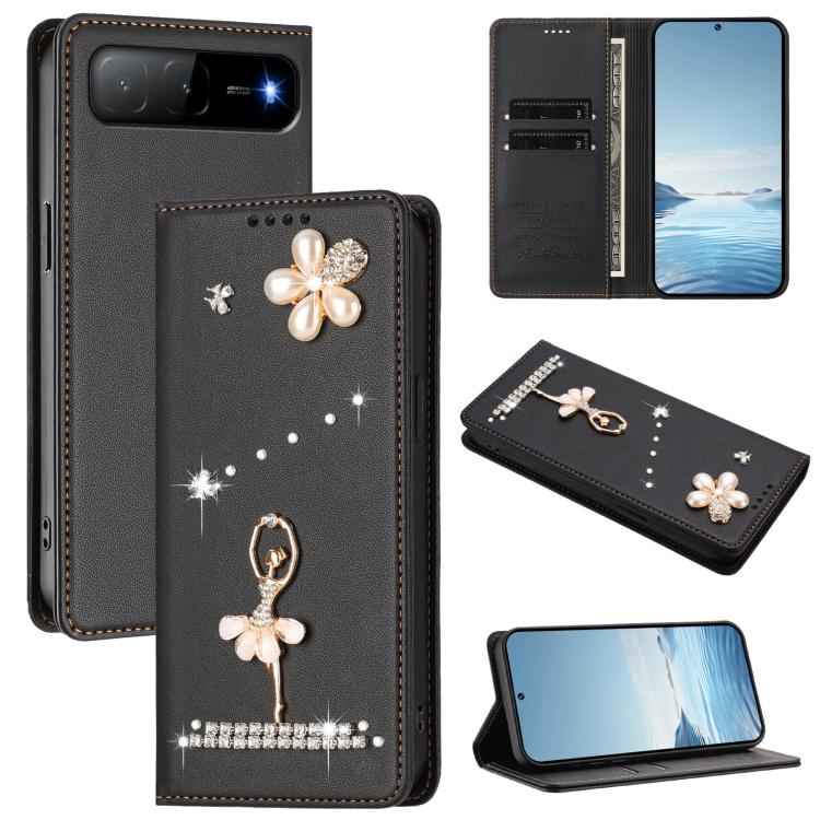Ballet Girl Diamond Studded RFID Vegan Leather Phone Case, For Tecno Spark Go 1, For Tecno Camon 40 Pro, For Tecno Camon 40 Premier, For Tecno Camon 40, For Tecno Spark 30C 5G / Pop 9 5G, For Tecno Camon 30S / 30S Pro                                   ...