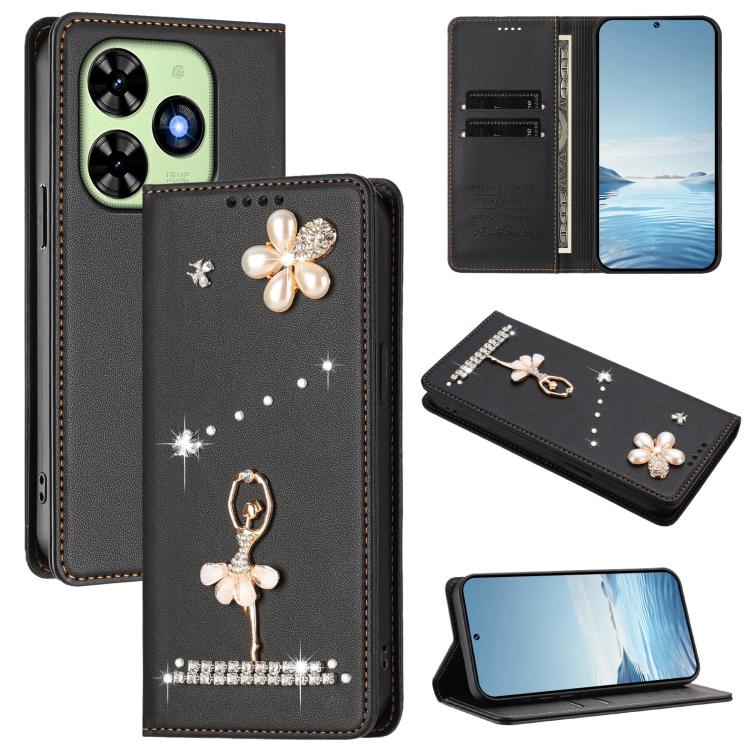 Ballet Girl Diamond Studded RFID Vegan Leather Phone Case, For Tecno Spark Go 3, For Tecno Pova Slim / Spark Slim, For Tecno Spark Go 2024 / Spark 20, For Tecno Spark 40C, For Tecno Pova 7 Pro 5G, For Tecno Pop 10, For Tecno Spark 40 Pro+ 4G           ...