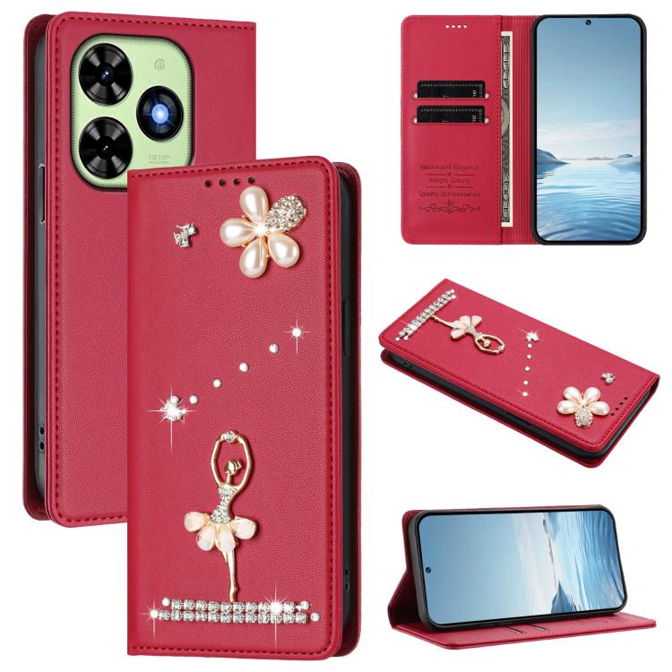 Ballet Girl Diamond Studded RFID Vegan Leather Phone Case, For Tecno Spark Go 3, For Tecno Pova Slim / Spark Slim, For Tecno Spark Go 2024 / Spark 20, For Tecno Spark 40C, For Tecno Pova 7 Pro 5G, For Tecno Pop 10, For Tecno Spark 40 Pro+ 4G           ...