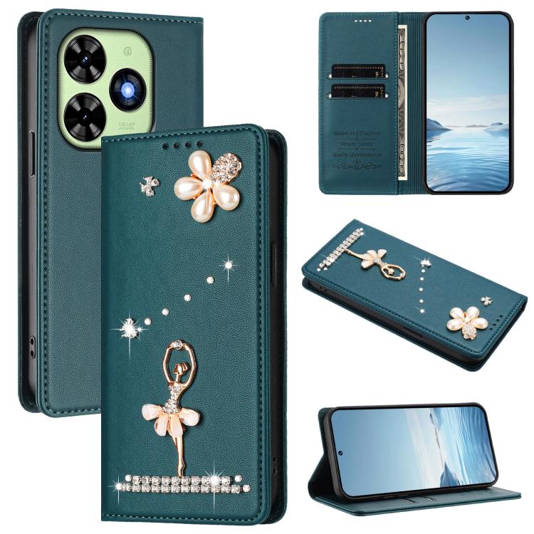 Ballet Girl Diamond Studded RFID Vegan Leather Phone Case, For Tecno Spark Go 3, For Tecno Pova Slim / Spark Slim, For Tecno Spark Go 2024 / Spark 20, For Tecno Spark 40C, For Tecno Pova 7 Pro 5G, For Tecno Pop 10, For Tecno Spark 40 Pro+ 4G           ...