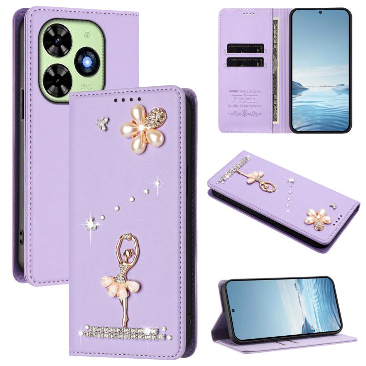 Ballet Girl Diamond Studded RFID Vegan Leather Phone Case, For Tecno Spark Go 3, For Tecno Pova Slim / Spark Slim, For Tecno Spark Go 2024 / Spark 20, For Tecno Spark 40C, For Tecno Pova 7 Pro 5G, For Tecno Pop 10, For Tecno Spark 40 Pro+ 4G           ...