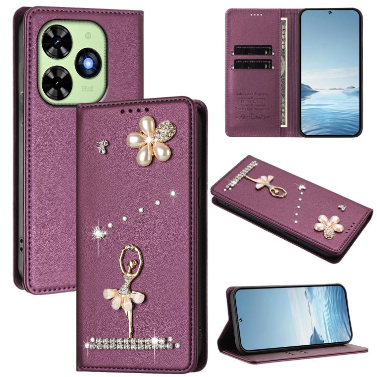 Ballet Girl Diamond Studded RFID Vegan Leather Phone Case, For Tecno Spark Go 3, For Tecno Pova Slim / Spark Slim, For Tecno Spark Go 2024 / Spark 20, For Tecno Spark 40C, For Tecno Pova 7 Pro 5G, For Tecno Pop 10, For Tecno Spark 40 Pro+ 4G           ...