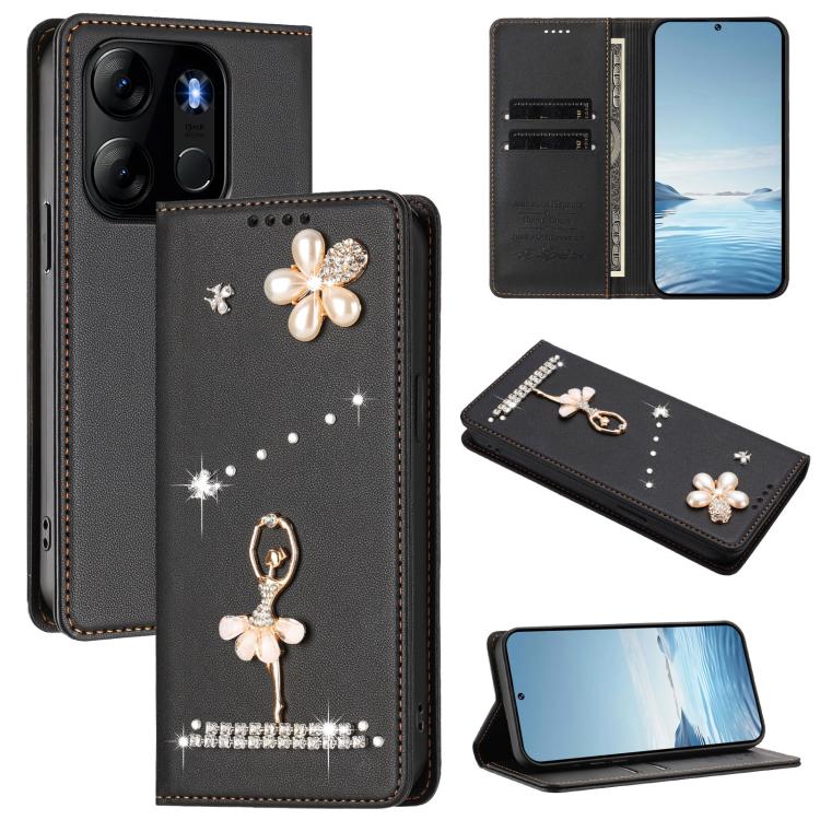 Ballet Girl Diamond Studded RFID Vegan Leather Phone Case, For Tecno Camon 20 Premier, For Tecno Camon 20 Pro 5G, For Tecno Camon 20 Pro 4G / Camon 20 4G, For Tecno Pop 7 Pro, For Tecno Spark 10 5G, For Tecno Spark 10C / Spark 10                       ...