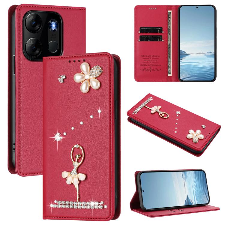 Ballet Girl Diamond Studded RFID Vegan Leather Phone Case, For Tecno Camon 20 Premier, For Tecno Camon 20 Pro 5G, For Tecno Camon 20 Pro 4G / Camon 20 4G, For Tecno Pop 7 Pro, For Tecno Spark 10 5G, For Tecno Spark 10C / Spark 10                       ...