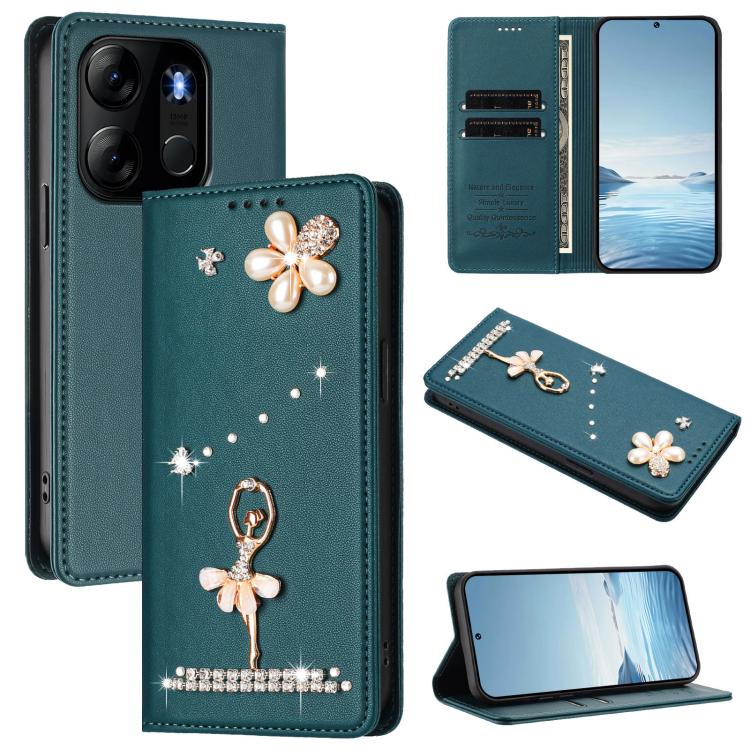 Ballet Girl Diamond Studded RFID Vegan Leather Phone Case, For Tecno Camon 20 Premier, For Tecno Camon 20 Pro 5G, For Tecno Camon 20 Pro 4G / Camon 20 4G, For Tecno Pop 7 Pro, For Tecno Spark 10 5G, For Tecno Spark 10C / Spark 10                       ...