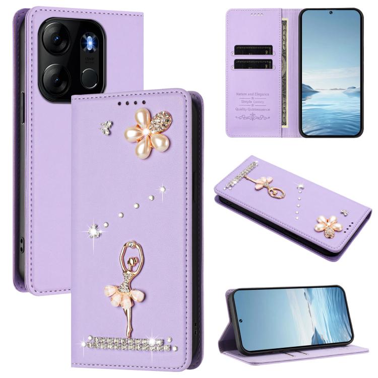 Ballet Girl Diamond Studded RFID Vegan Leather Phone Case, For Tecno Camon 20 Premier, For Tecno Camon 20 Pro 5G, For Tecno Camon 20 Pro 4G / Camon 20 4G, For Tecno Pop 7 Pro, For Tecno Spark 10 5G, For Tecno Spark 10C / Spark 10                       ...