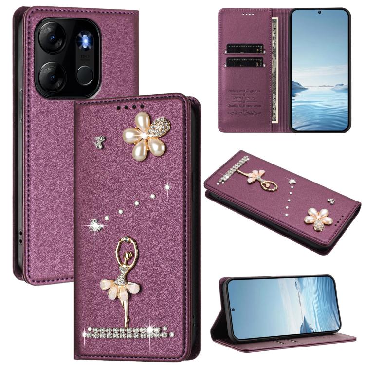 Ballet Girl Diamond Studded RFID Vegan Leather Phone Case, For Tecno Camon 20 Premier, For Tecno Camon 20 Pro 5G, For Tecno Camon 20 Pro 4G / Camon 20 4G, For Tecno Pop 7 Pro, For Tecno Spark 10 5G, For Tecno Spark 10C / Spark 10                       ...