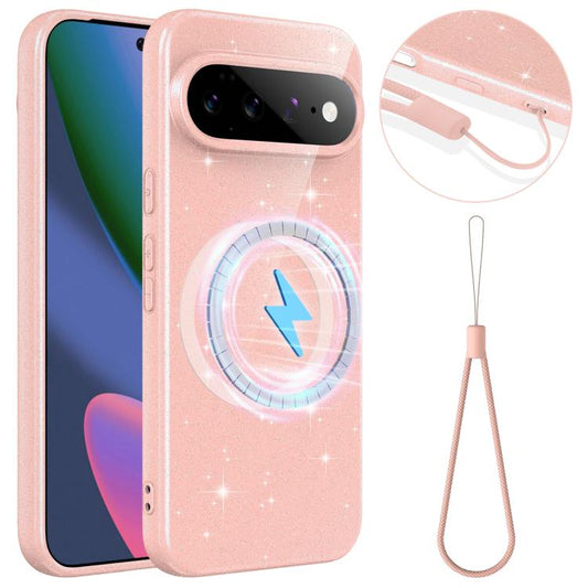 Fine Hole Glossy Glitter Magnetic TPU Phone Case with Same Color Hand Strap, For Google Pixel 11 Pro XL, For Google Pixel 11, For Google Pixel 11 Pro, For Google Pixel 10a, For Google Pixel 10 Pro XL, For Google Pixel 10 Pro, For Google Pixel 10       ...