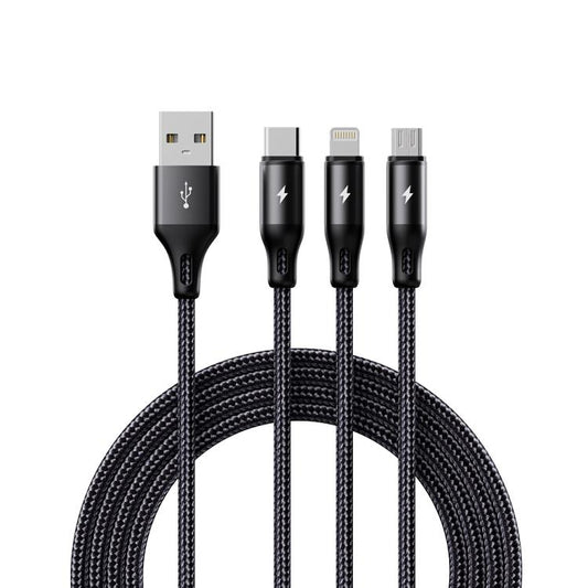 Câble de charge tressé en métal ROCK RCB0790 de 1.2 m, 3 en 1&nbsp;: USB vers 8 broches + Type-C + Micro USB