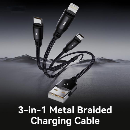 Câble de charge tressé en métal ROCK RCB0790 de 1.2 m, 3 en 1&nbsp;: USB vers 8 broches + Type-C + Micro USB