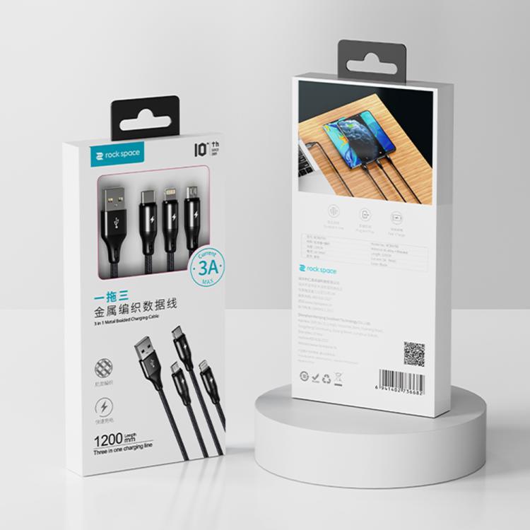 ROCK RCB0790 1.2m 3-in-1 USB to 8 Pin + Type-C + Micro USB Metal Braided Charging Cable, RCB0790