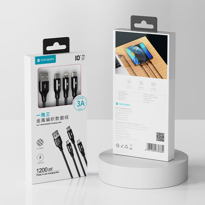 ROCK RCB0790 1.2m 3-in-1 USB to 8 Pin + Type-C + Micro USB Metal Braided Charging Cable, RCB0790