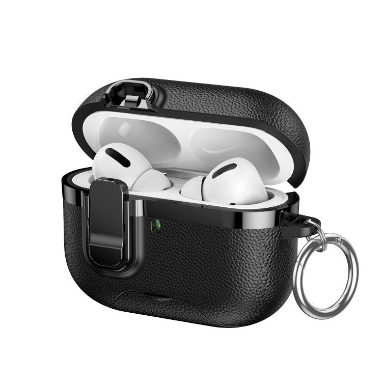 Hidden Stand Electroplated Vegan Leather Texture Wireless Earphones Protective Case, For AirPods Pro 3, For AirPods Pro 2, For AirPods Pro