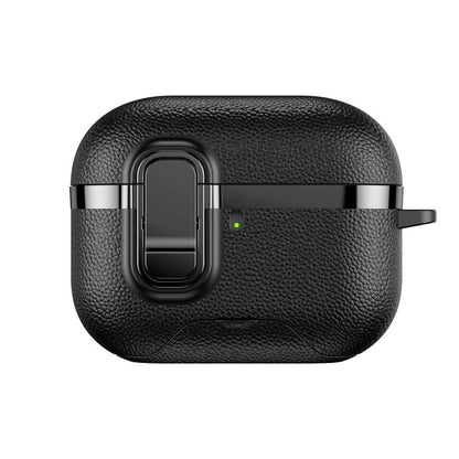 Hidden Stand Electroplated Vegan Leather Texture Wireless Earphones Protective Case, For AirPods Pro 3, For AirPods Pro 2, For AirPods Pro