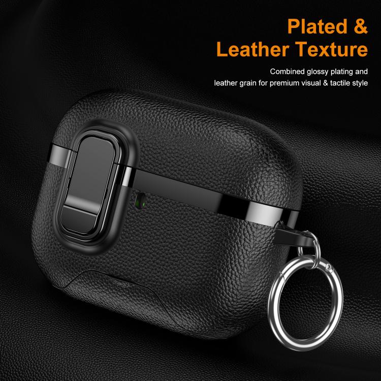 Hidden Stand Electroplated Vegan Leather Texture Wireless Earphones Protective Case, For AirPods Pro 3, For AirPods Pro 2, For AirPods Pro