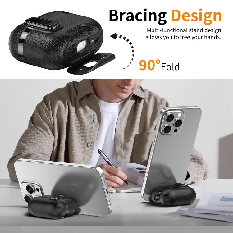 Hidden Stand Electroplated Vegan Leather Texture Wireless Earphones Protective Case, For AirPods Pro 3, For AirPods Pro 2, For AirPods Pro