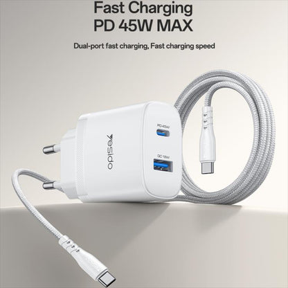 Yesido PD45W USB and Type-C Dual Interface Fast Charger Set, EU Plug, UK Plug, US Plug
