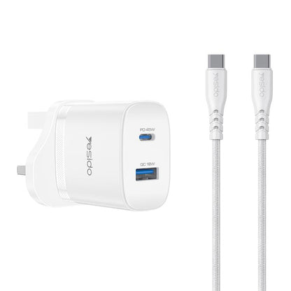 Yesido PD45W USB and Type-C Dual Interface Fast Charger Set, EU Plug, UK Plug, US Plug