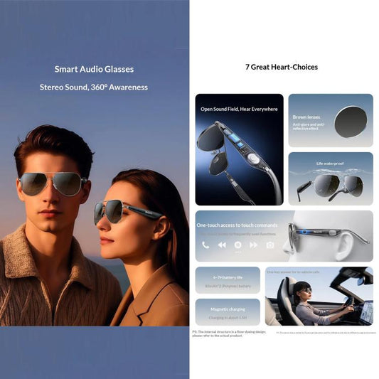 Yesido IO44 Smart Audio Glasses, Bluetooth-Compatible 5.4 Open-Ear Headphones / Polarized Sunglasses with Microphone for Travel / Business, IO44