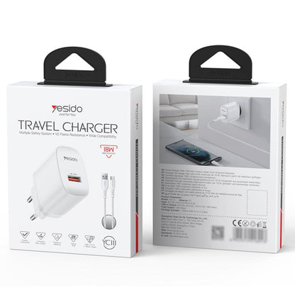 Yesido 18W USB Single Interface Charger Set with USB to Type-C Cable, EU Plug, UK Plug, US Plug