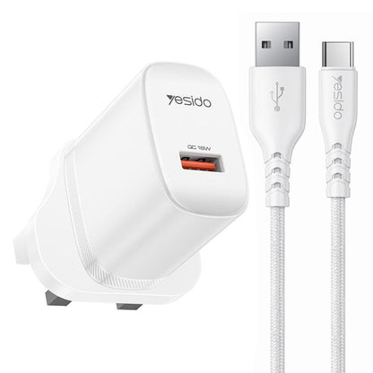 Yesido 18W USB Single Interface Charger Set with USB to Type-C Cable, EU Plug, UK Plug, US Plug