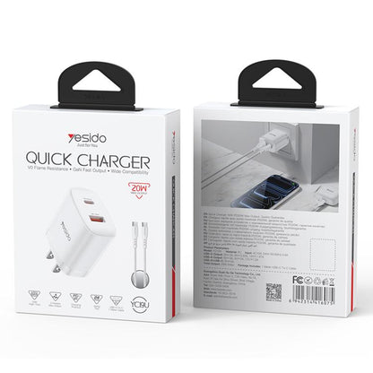 Yesido YC19U PD20W USB-C / Type-C and QC18W USB-A Dual Ports Charger Set with Type-C to Type-C Cable, YC19U