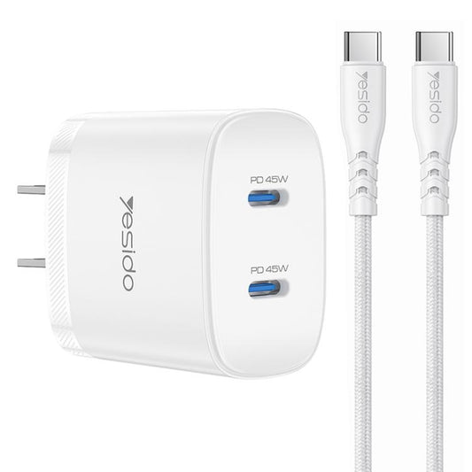 Yesido PD45W Dual Type-C Fast Charger Kit with Type-C to Type-C Cable, US Plug, EU Plug, UK Plug