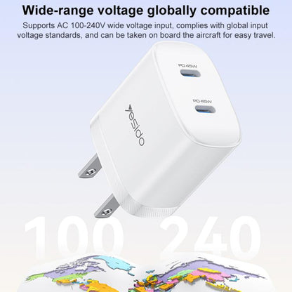 Yesido PD45W Dual Type-C Fast Charger Kit with Type-C to Type-C Cable, US Plug, EU Plug, UK Plug