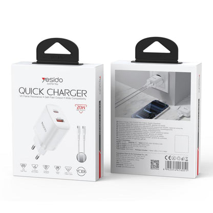 Yesido YC106 PD20W USB-C / Type-C and QC18W USB-A Dual Ports Charger Set with Type-C to Type-C Cable, YC106