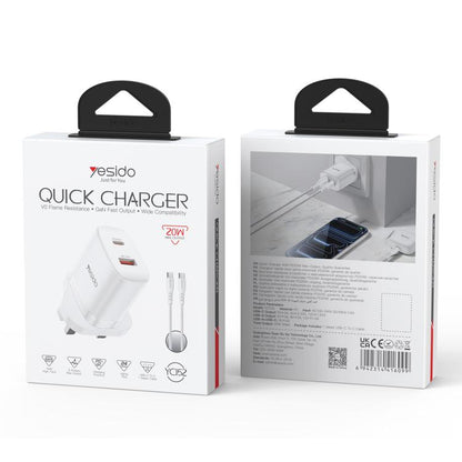 Yesido YC152 PD20W USB-C / Type-C and QC18W USB-A Dual Ports Charger Set with Type-C to Type-C Cable, YC152