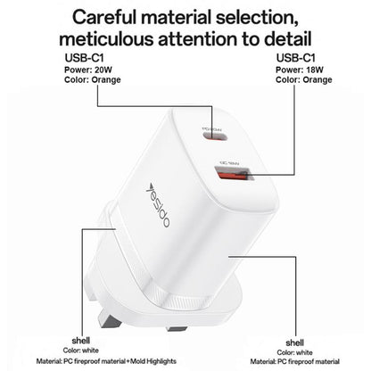 Yesido YC152 PD20W USB-C / Type-C and QC18W USB-A Dual Ports Charger Set with Type-C to Type-C Cable, YC152