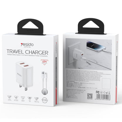 Yesido YC17U 12W 2.4A USB Dual Ports Charger Set with 1m USB to Type-C Data Cable, YC17U