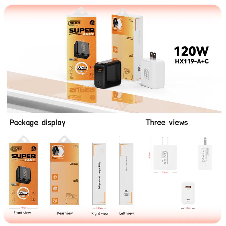 Chargeur rapide double interface USB et Type-C 120 W HX119, prise UE, prise UK, prise US