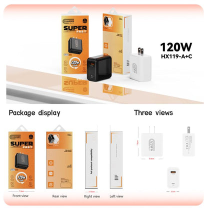 Chargeur rapide double interface USB et Type-C 120 W HX119, prise UE, prise UK, prise US