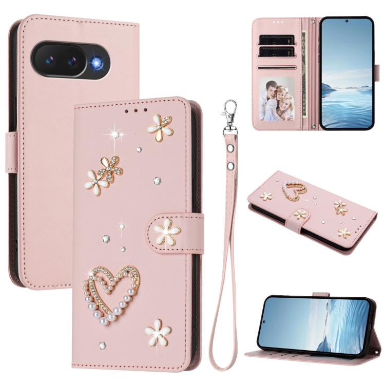 ZS01 Double-Layer Heart Floral Vegan Leather Phone Case with Wrist Strap, For Google Pixel 10a, For Google Pixel 10 Pro XL 5G, For Google Pixel 10 5G Global, For Google Pixel 9a, For Google Pixel 8a, For Google Pixel 8 Pro, For Google Pixel 8          ...