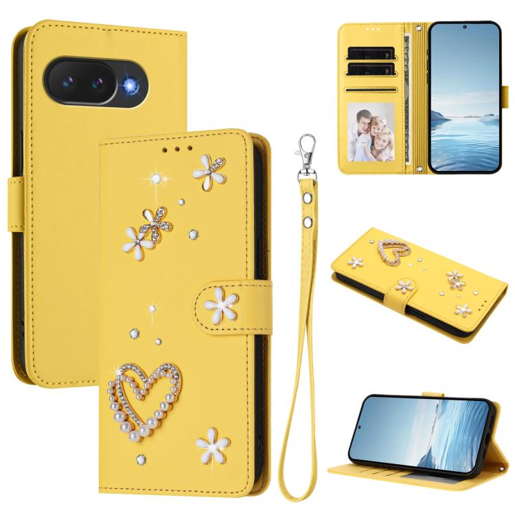 ZS01 Double-Layer Heart Floral Vegan Leather Phone Case with Wrist Strap, For Google Pixel 10a, For Google Pixel 10 Pro XL 5G, For Google Pixel 10 5G Global, For Google Pixel 9a, For Google Pixel 8a, For Google Pixel 8 Pro, For Google Pixel 8          ...