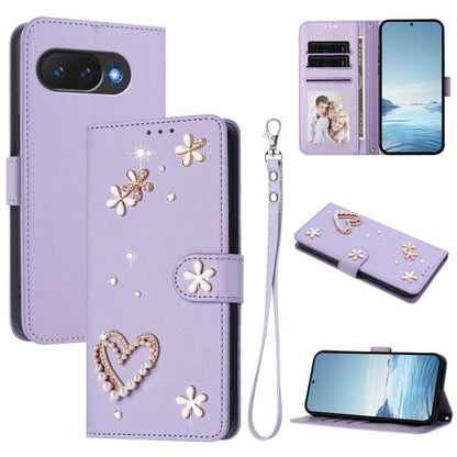 ZS01 Double-Layer Heart Floral Vegan Leather Phone Case with Wrist Strap, For Google Pixel 10a, For Google Pixel 10 Pro XL 5G, For Google Pixel 10 5G Global, For Google Pixel 9a, For Google Pixel 8a, For Google Pixel 8 Pro, For Google Pixel 8          ...